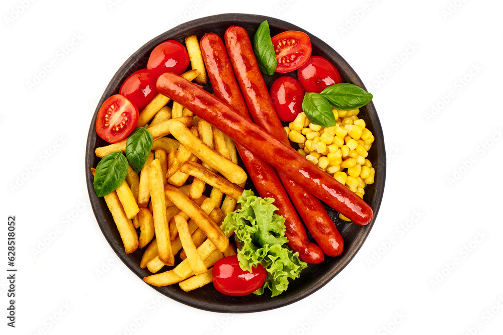 BBQ Roasted pork sausages with french fries, close-up, isolated on white background. BBQ Roasted pork sausages with french fries, close-up, isolated on white background.