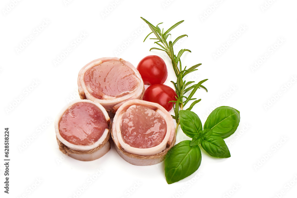 Pork medallions wrapped in bacon. Fresh raw pork tenderloin, isolated on white background. Pork medallions wrapped in bacon. Fresh raw pork tenderloin, isolated on white background.