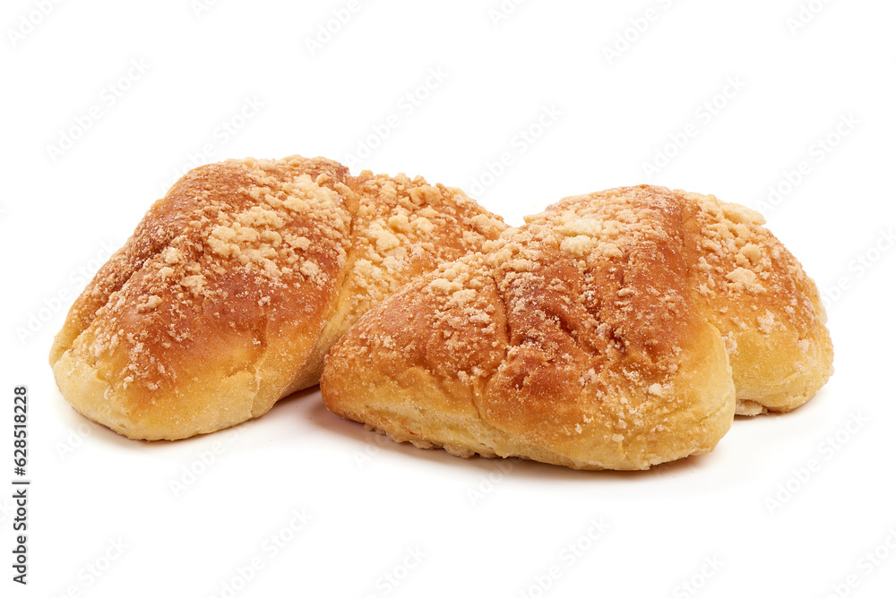 Tasty bread rolls, sweet buns, close-up, isolated on white background.