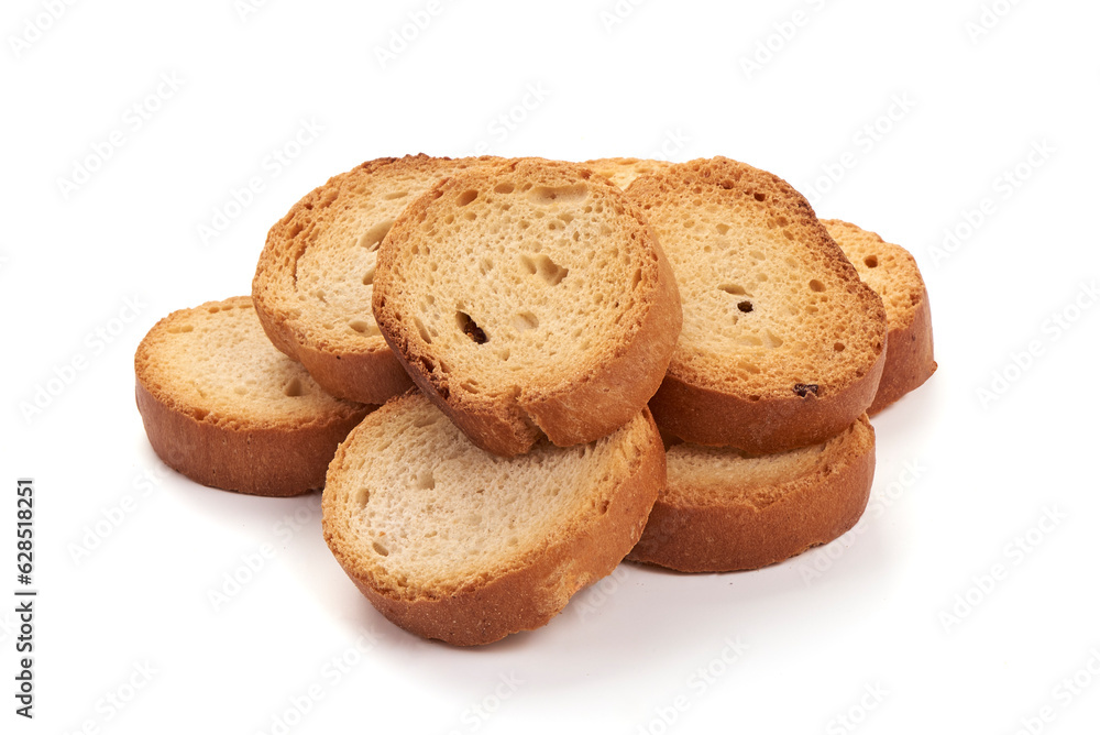 Baked crackers, close-up, isolated on white background.