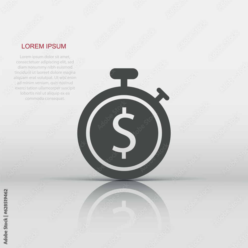 Time is money icon in flat style. Clock with dollar vector illustration on white isolated background. Currency business concept. Time is money icon in flat style. Clock with dollar vector illustration on white isolated background. Currency business concept.