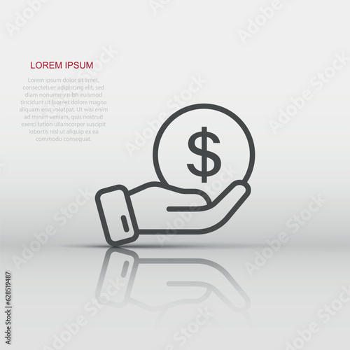Remuneration icon in flat style. Money in hand vector illustration on white isolated background. Coin  payroll business concept.
