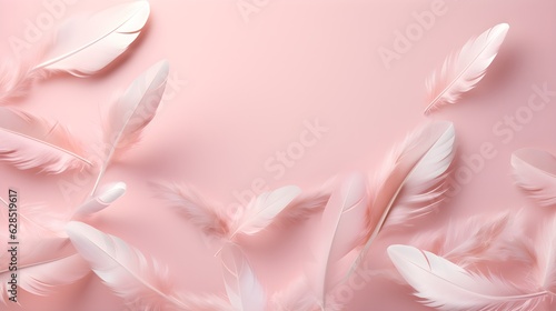Small fluttering and flying feathers on a pastel backdrop, in the style of photorealistic compositions created with Generative AI technology