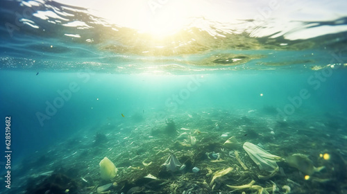 Plastic rubbish pollution in a ocean, environment poses a grave threat, Microplastics permeate the food chain, recycling initiatives must be embraced, biodegradable materials offers Generative AI