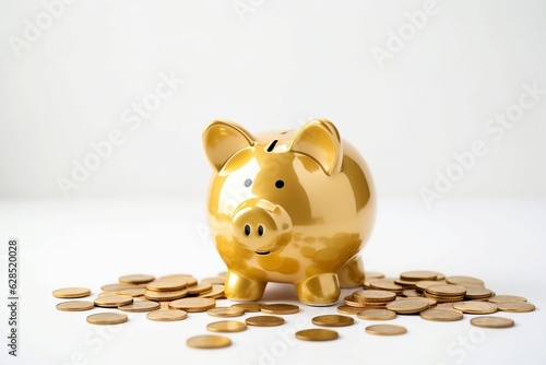 Golden piggy bank on white table with golden coins. Money saving concept. Golg piggybank, money box.