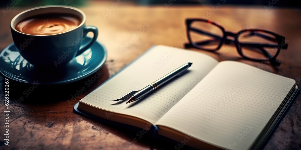 AI Generated. AI Generative. Home office with coffe mug cup glass notebook pen and glasses mock up. Creative focus project work diary. Graphic Art AI Generated. AI Generative. Home office with coffe mug cup glass notebook pen and glasses mock up. Creative focus project work diary. Graphic Art