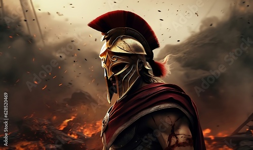 Spartan soldier illustration with helmet. Generative AI photo