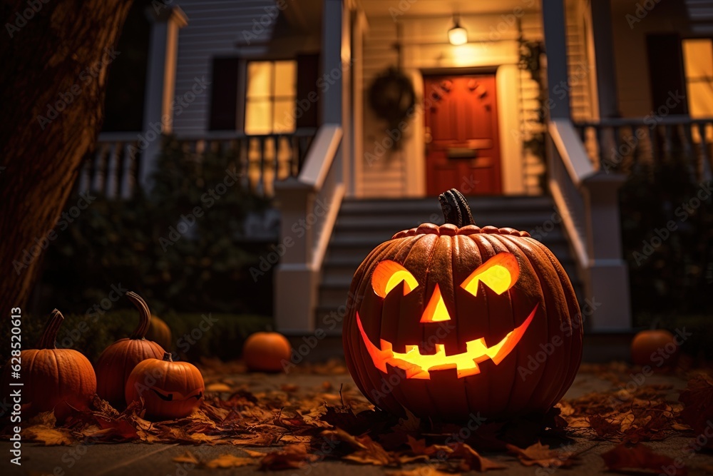 Obraz premium Halloween pumpkins in front of a house at night, Halloween background.Generative Ai