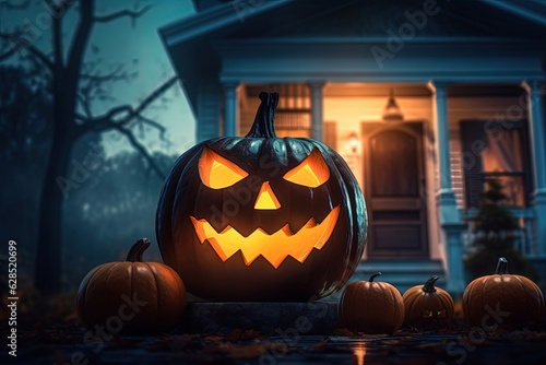 Halloween pumpkins in front of a house at night, Halloween background.Generative Ai © Rudsaphon