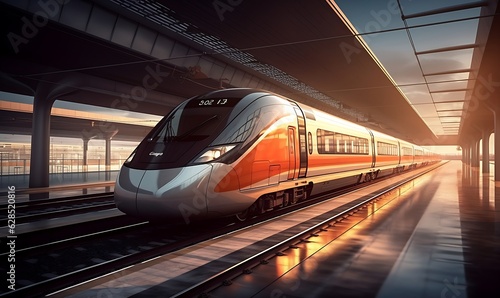 Modern high speed commuter train on the railway station. Generative AI