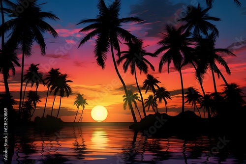 A breathtaking tropical sunset, with the silhouette of palm trees against the vibrant colors of the twilight sky © Davivd