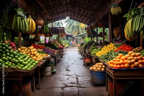 A bustling tropical market offering a variety of fresh fruits and vegetables, showcasing the richness of the local agricultural produce