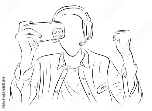 People playing mobile game line art illustration