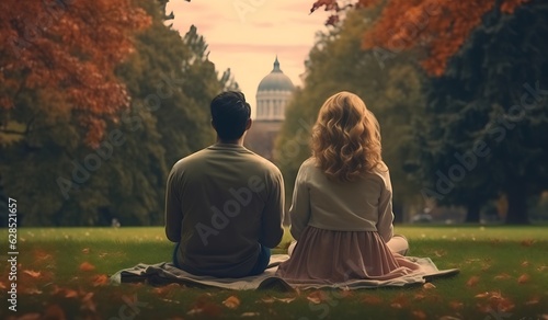 Young couple sitting on a lawn in the park back view. Generative AI photo