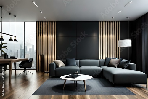 Black minimalist living room interior with black sofa on a wooden floor, black empty wall © indofootage