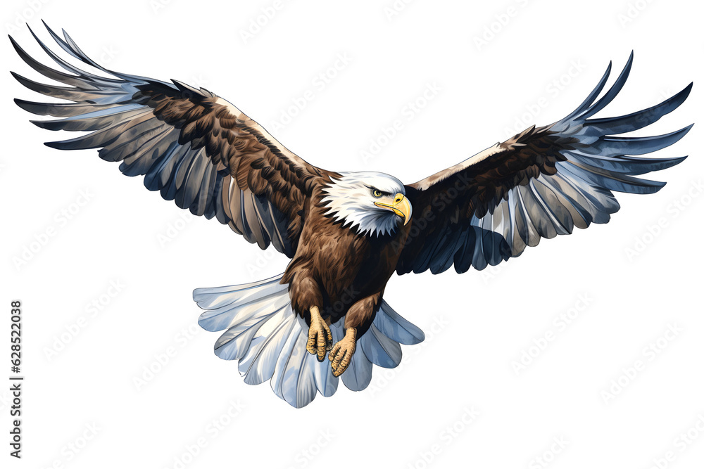 Large brown and white eagle is soaring above a white background, in the style of colorful watercolor created with Generative AI technology Large brown and white eagle is soaring above a white background, in the style of colorful watercolor created with Generative AI technology