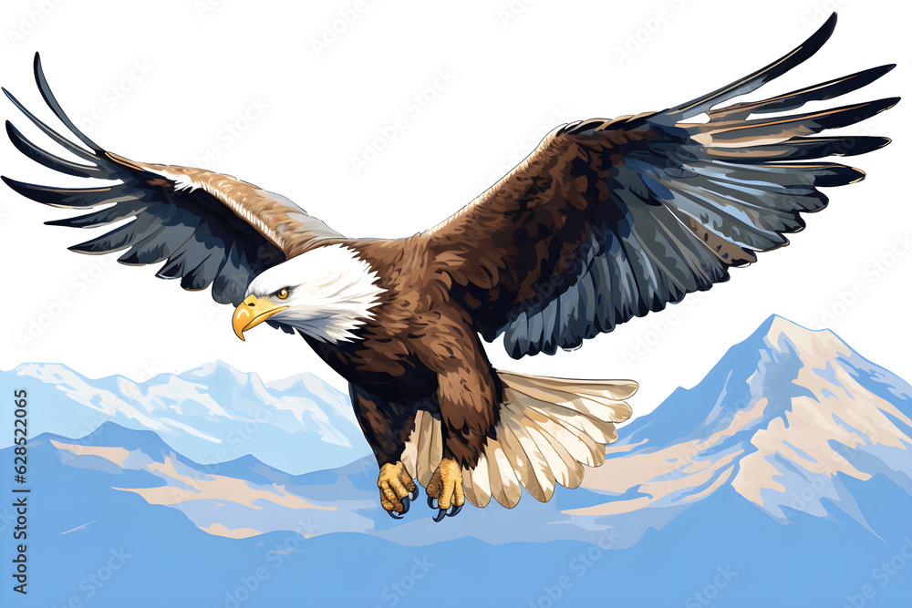 Large brown and white eagle is soaring above a white background, in the style of colorful watercolor created with Generative AI technology Large brown and white eagle is soaring above a white background, in the style of colorful watercolor created with Generative AI technology