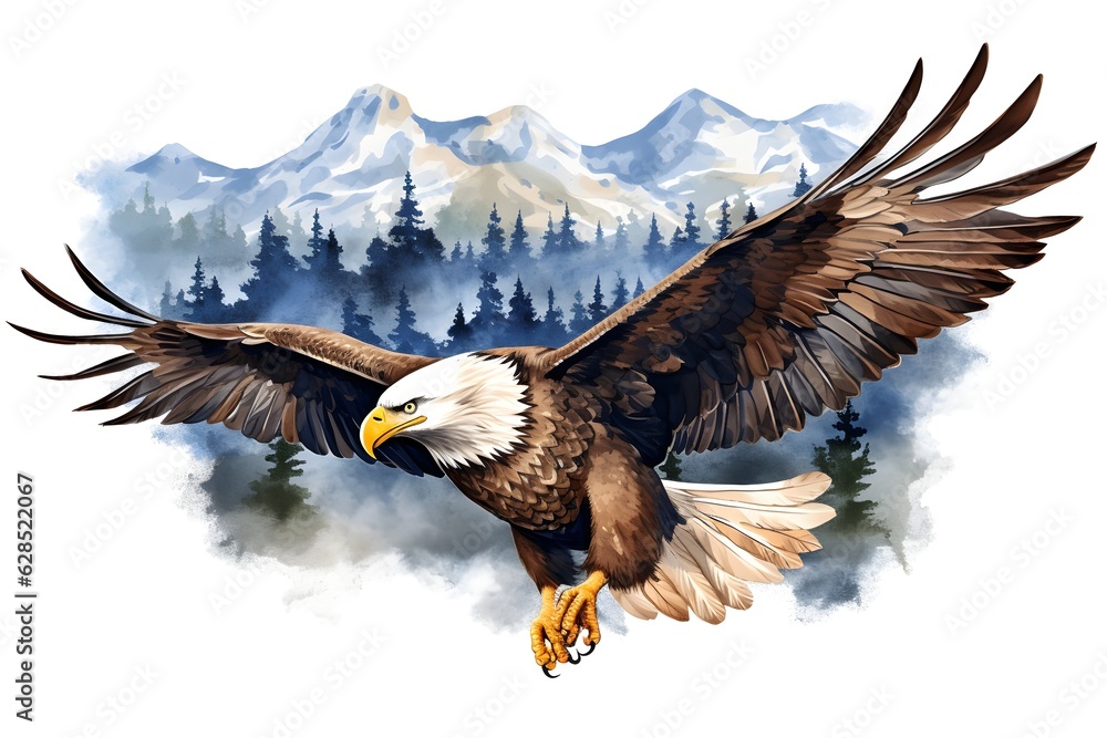 Fototapeta premium Large brown and white eagle is soaring above a white background, in the style of colorful watercolor created with Generative AI technology