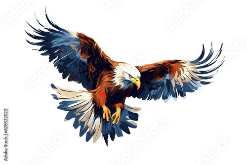 Large brown and white eagle is soaring above a white background, in the style of colorful watercolor created with Generative AI technology