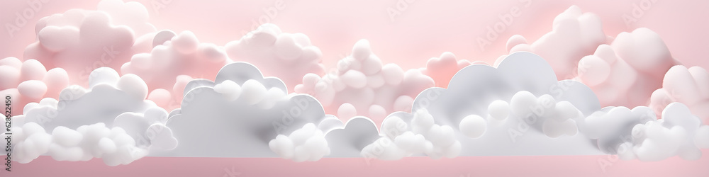 clouds paper sculpture on a white background narrow long panoramic.