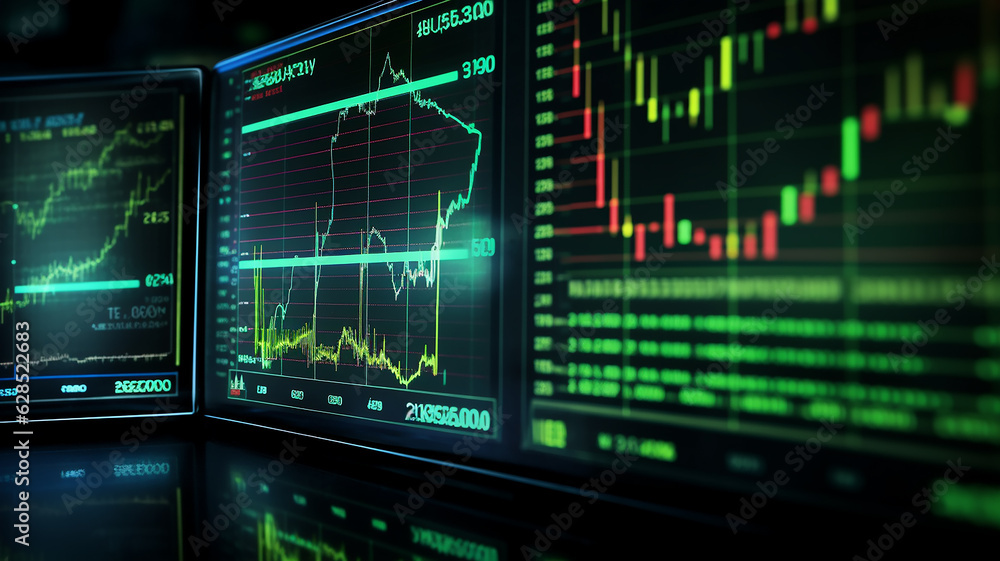 stock exchange charts of stock growth on the blue monitor screen. stock exchange charts of stock growth on the blue monitor screen.