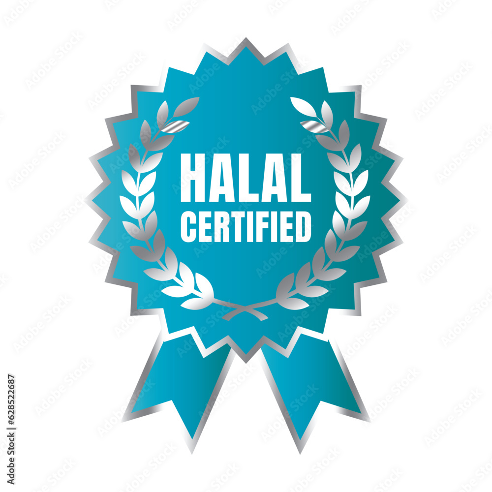 Halal certified badge design vector, Halal food product stamp, Authorized halal food and drink ribbon stamp label Halal certified badge design vector, Halal food product stamp, Authorized halal food and drink ribbon stamp label