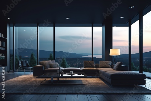The stylish composition at living room interior with minimal design   Spacious long living room with dark design    Generative AI