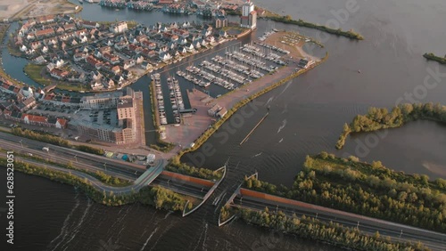 Aerial view of boat crossing aquaduct in Harderwijk, Veluwemeer The Netherlands