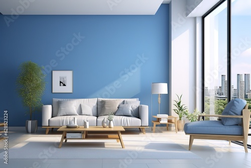 bright living room interior with royal blue couch   White minimalist living room interior with sofa   Modern luxury living room   Modern mid century interior of living room  Generative AI