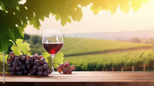 A glass of young red wine stands on an empty wooden table with copy space against the backdrop of a vineyard with the rays of the setting sun. The concept of wine production and tasting. Ai generative