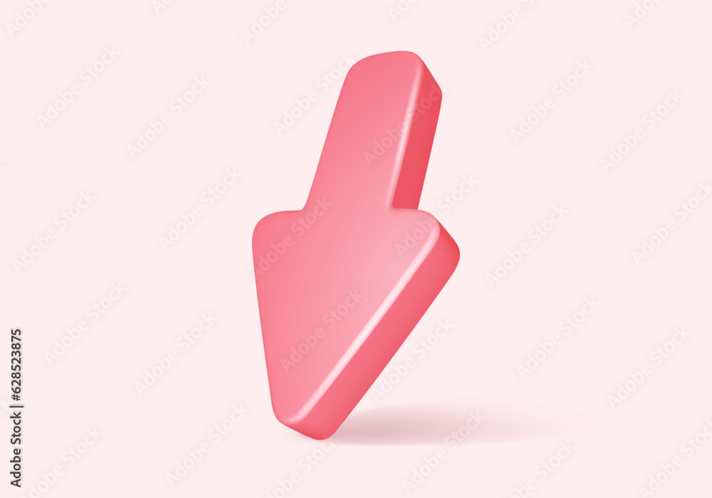 Fototapeta premium Realistic pink down arrow sign in 3D style. Direction pointer and direction cursor. Vector illustration