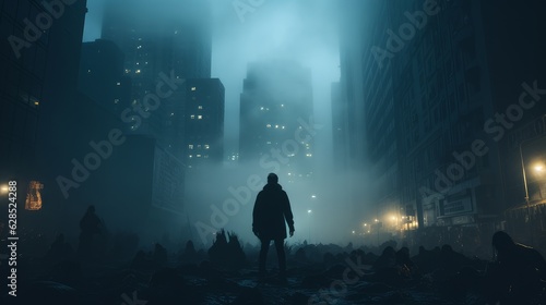 foggy autumn city silhouette of a man