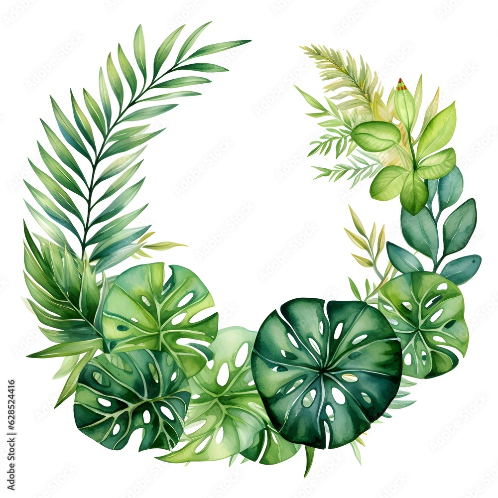 Watercolor wreath with green leaves, in the style of green, organic abstracts created with Generative AI technology Watercolor wreath with green leaves, in the style of green, organic abstracts created with Generative AI technology