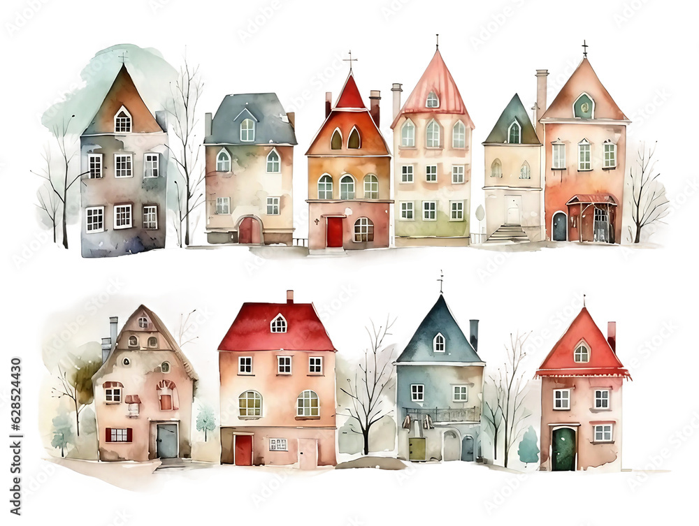 Set of cute colorful houses and cottages