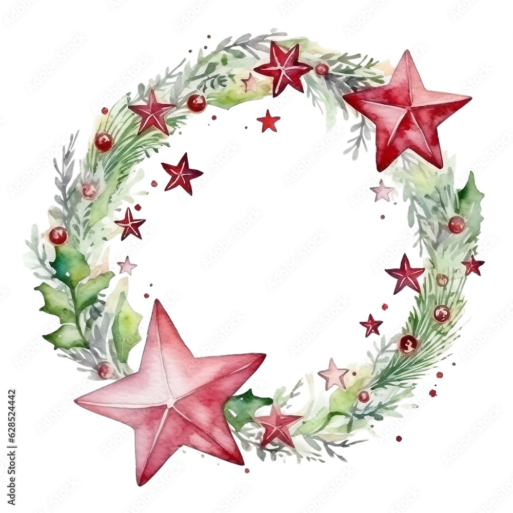 Watercolor christmas wreath decorated with baubles and stars on white background