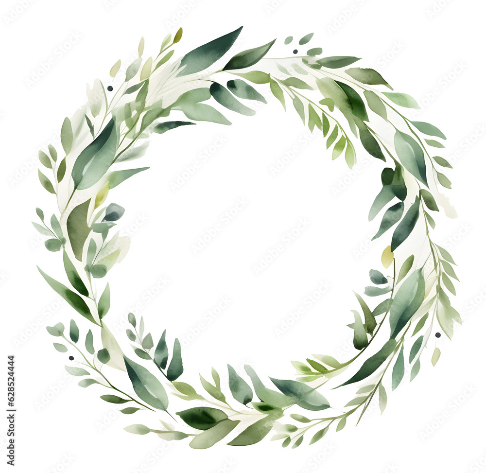Watercolor wreath with green leaves, in the style of green, organic abstracts created with Generative AI technology