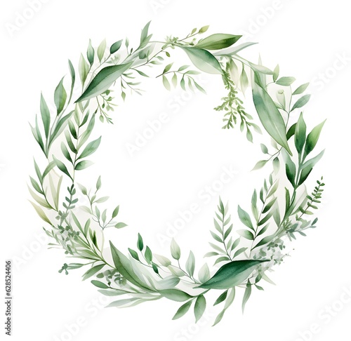 Watercolor wreath with green leaves  in the style of green  organic abstracts created with Generative AI technology