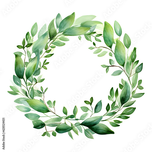 Watercolor wreath with green leaves, in the style of green, organic abstracts created with Generative AI technology