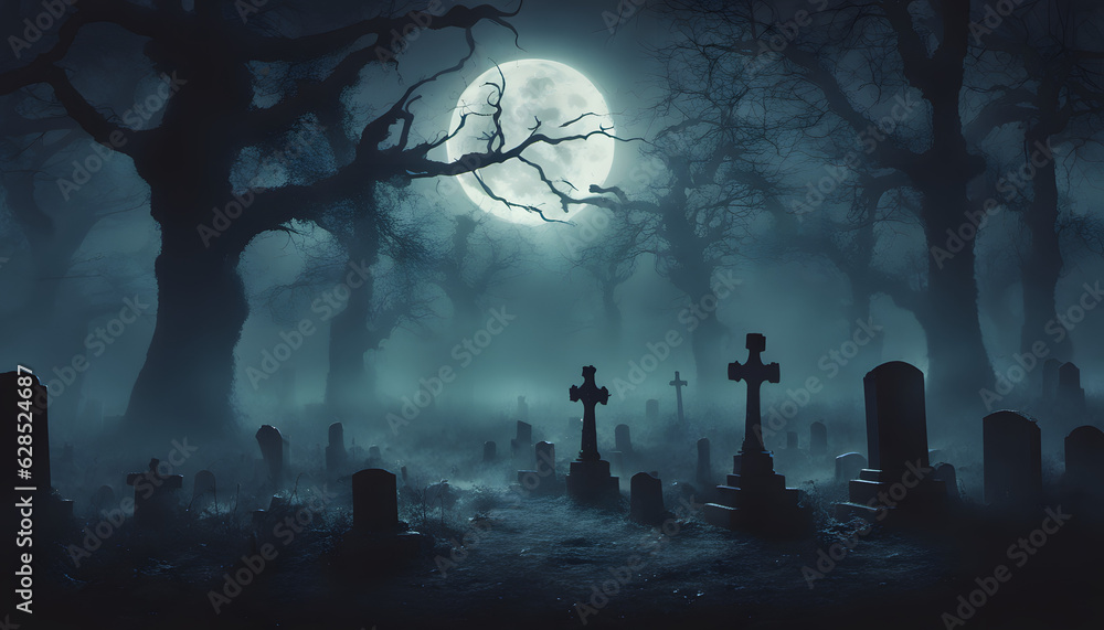 Halloween background Spooky forest, Graves, headstones, skeletons and crosses. Happy Halloween. Feast of the Dead Halloween background Spooky forest, Graves, headstones, skeletons and crosses. Happy Halloween. Feast of the Dead