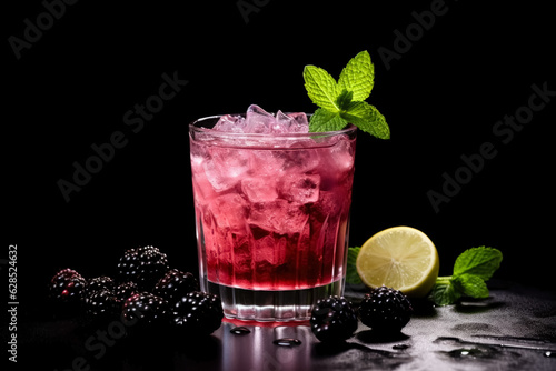 Ideal bramble cocktail dark background with empty space for text 