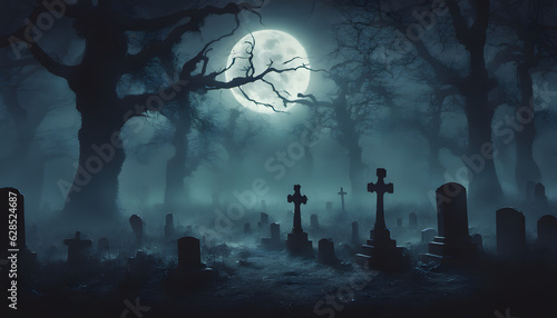 Halloween background Spooky forest, Graves, headstones, skeletons and crosses. Happy Halloween. Feast of the Dead