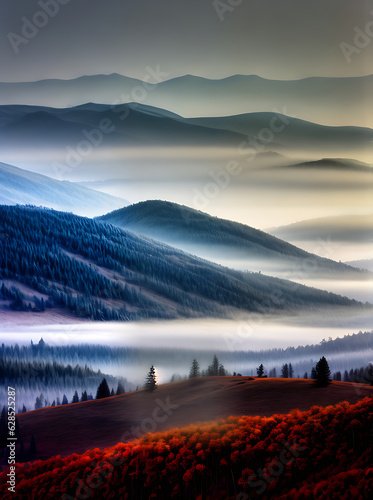 mountainous landscapes misty atmosphere artful hues.