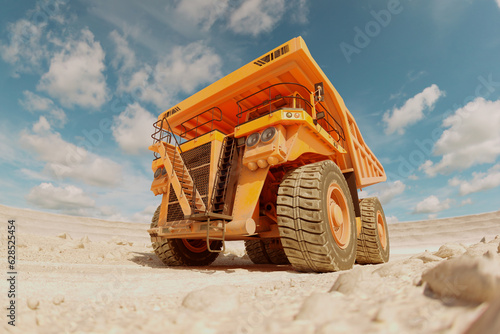 A giant, yellow dump truck transporting a heavy load through a dusty quarry. photo