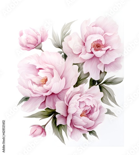 Elegant watercolor peonies flowers isolated on white background. Floral illustration created with Generative AI technology