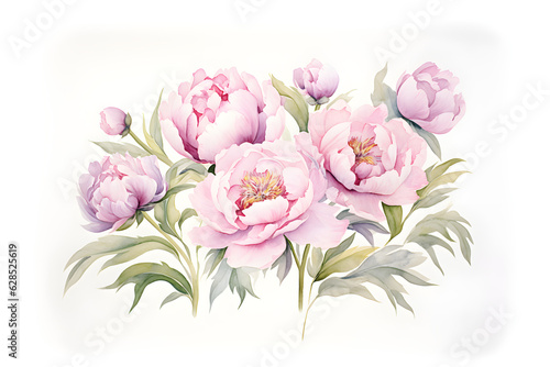 Elegant watercolor peonies flowers isolated on white background. Floral illustration created with Generative AI technology