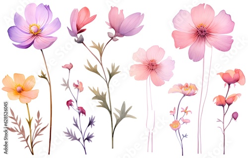 Set of watercolor flowers created with Generative AI technology