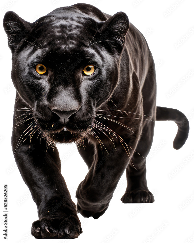 Sneaking black panther isolated on white background as transparent PNG