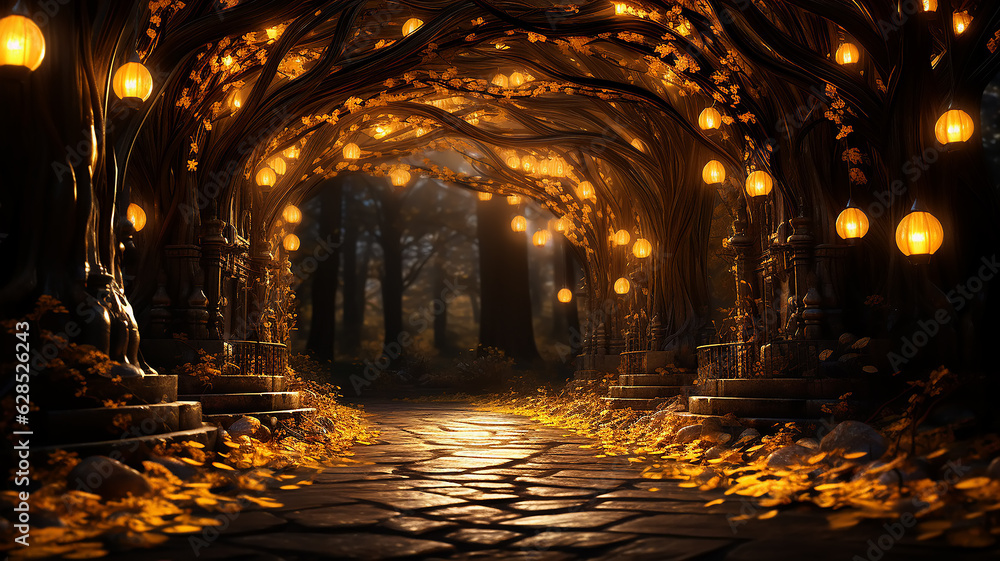 luminous arch tunnel in the trees alley in golden leaves autumn background. luminous arch tunnel in the trees alley in golden leaves autumn background.