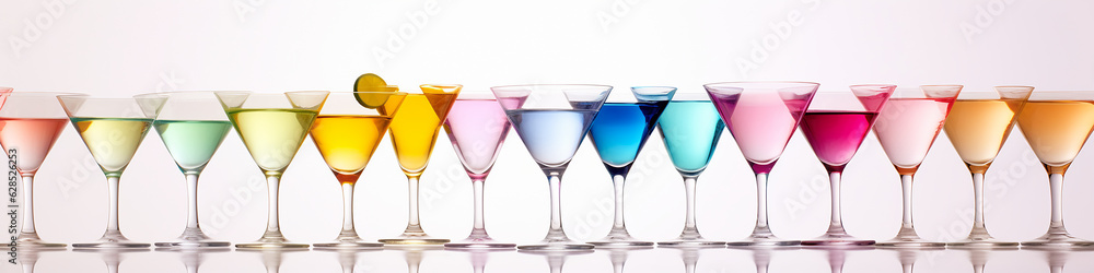 a row of multicolored cocktails isolated on a white background. a row of multicolored cocktails isolated on a white background.