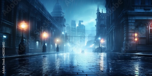 Festive Rainy City Street with Glowing Lights and Reflections, Generative AI